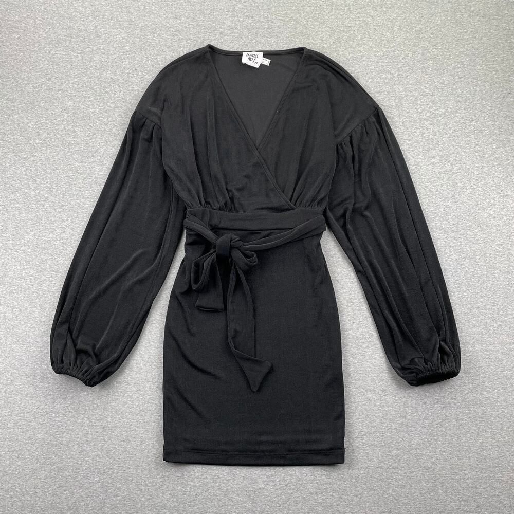 PRINCESS POLLY Dress Size 4 Black Jasmine Mini Balloon Sleeve Heavy Knit Belted